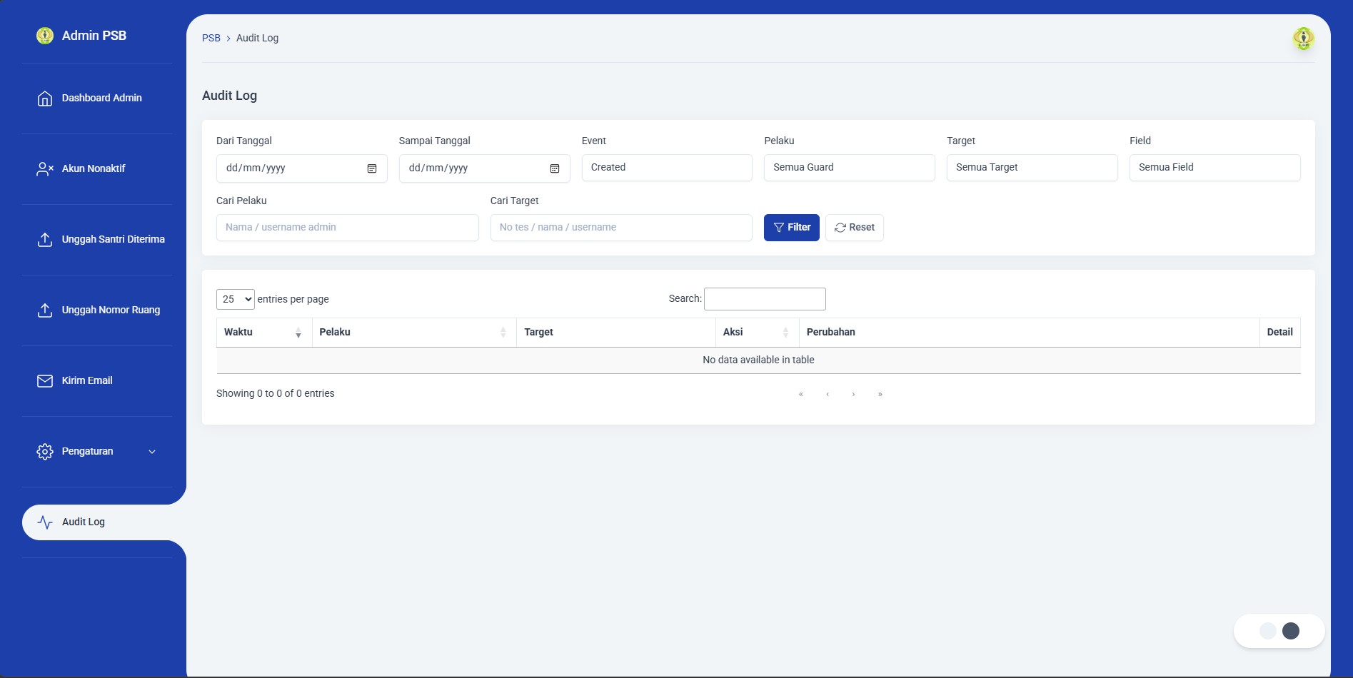 Screenshot audit log PSB Al Kahfi