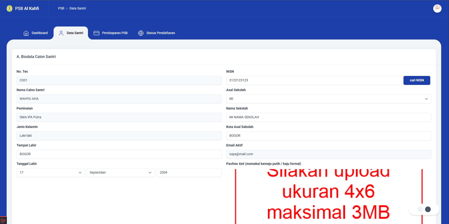 Screenshot halaman isi data pendaftar PSB Al Kahfi