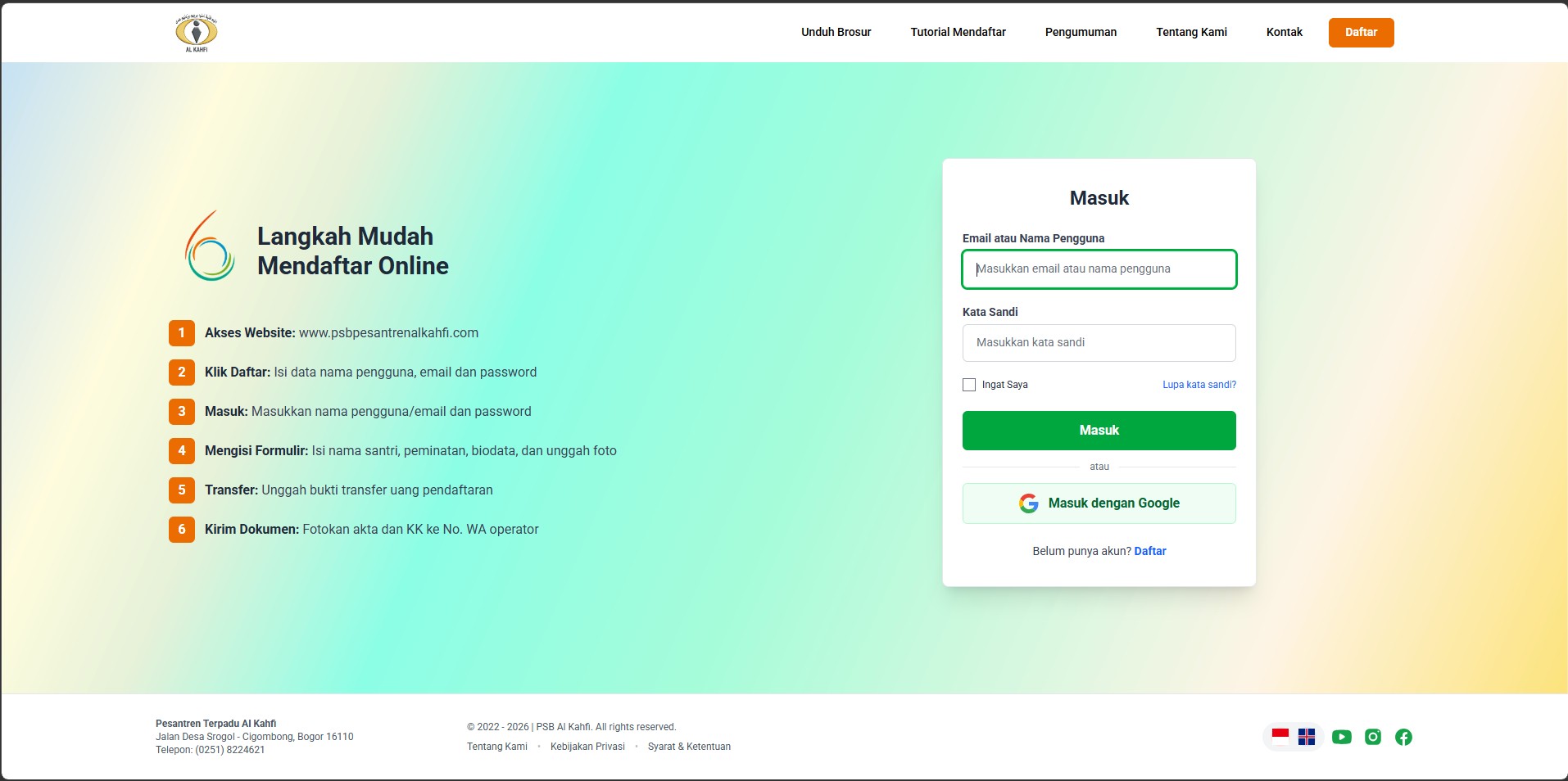 Screenshot homepage PSB Al Kahfi